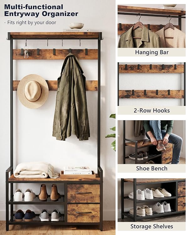 ZERDER Hall Tree with Bench and Shoe Storage, 34.6" Entryway Coat Rack by ZERDER - Image 4