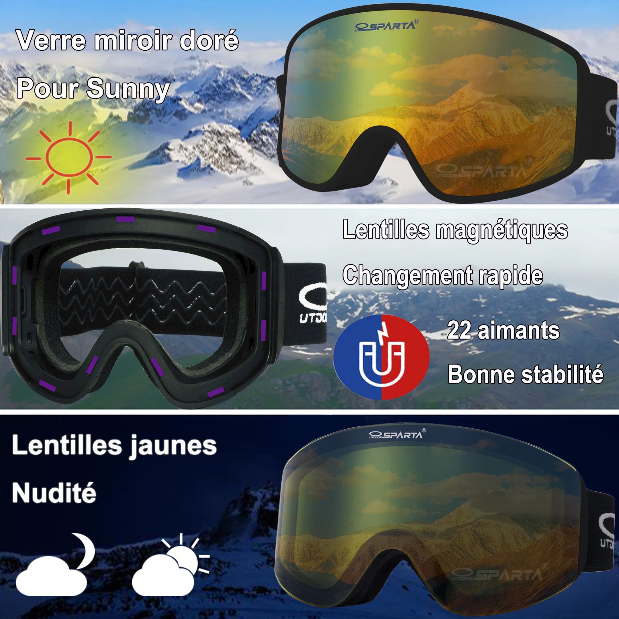 Masque de snowboard OTG, objectif HD magnétique amovible/anti - buée/protection 100% uv400 / lentille cylindrique double couche sans cadre