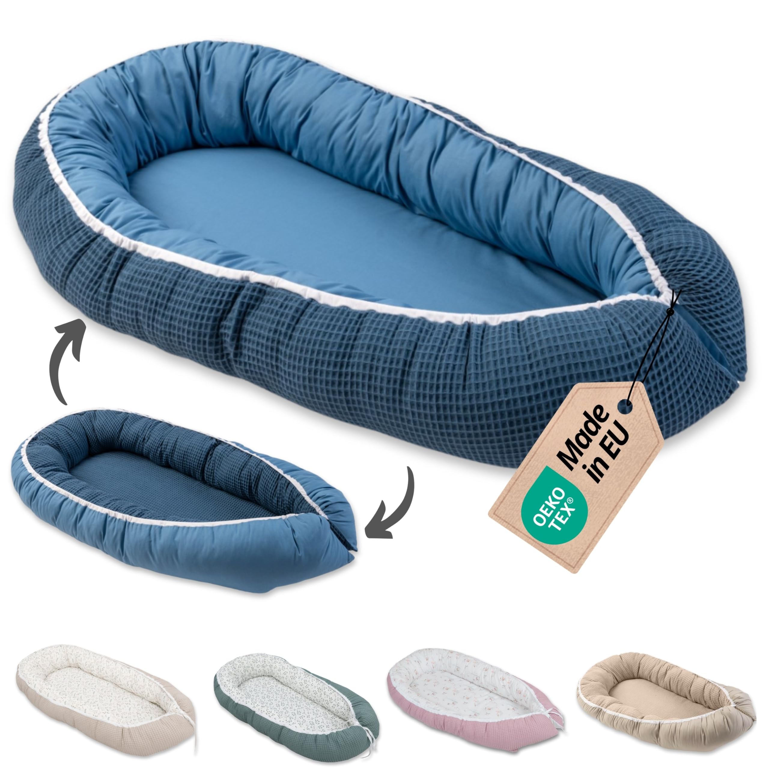 ULLENBOOM Babynest – Oeko-TEX Materialien, Made in EU – Babynestchen Neugeborene, Kuschelnest Baby, tragbares Reisebett, gepolstert & waschbar (55x95 cm)