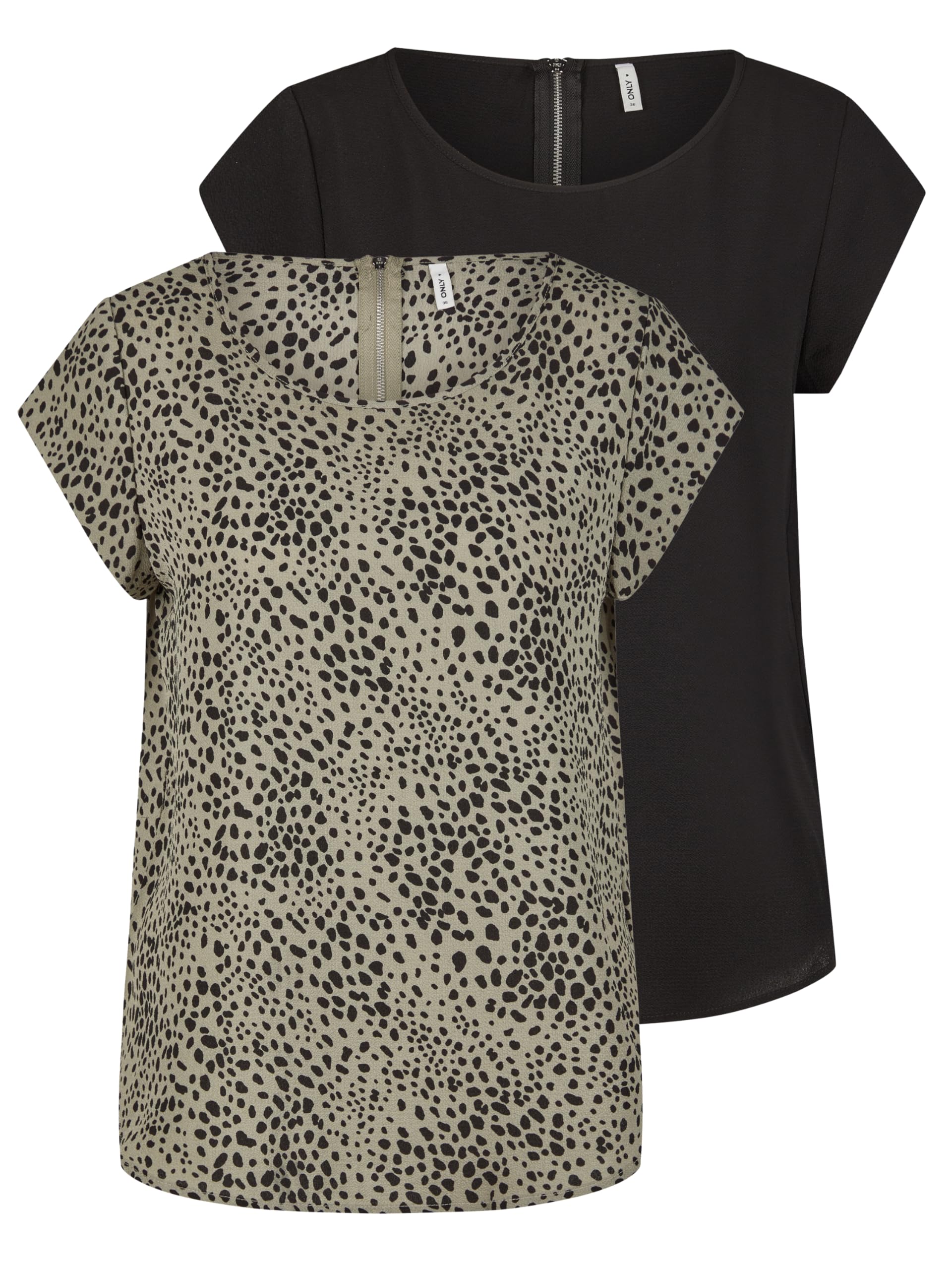 ONLY ONLVIC Lot de 2 t-shirts à col rond et manches courtes pour femme Coupe droite Motif basique Couleur unie Blanc Noir Vert Rose Bleu 34 36 38 40 42 44, Noir (15284243), 44