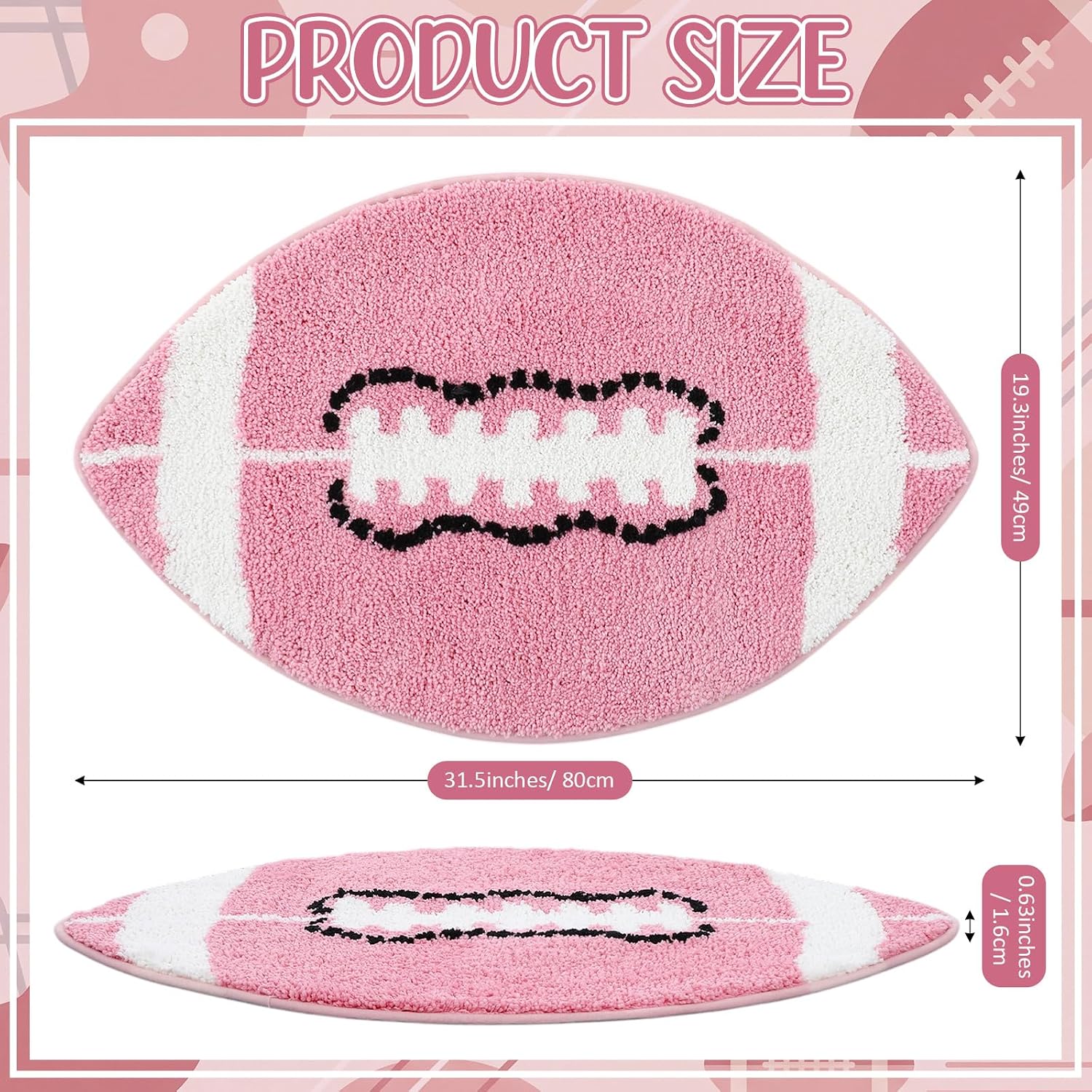 Lyrow Football Rug Football Bathroom Rug, 31.5" x 19.3" Sports Bath Mats Pink Non Slip Soft Sports Carpet Area Rugs Washable Footballs Decor for Bedroom Bathroom Home Welcome Door Athlete Themed Gift