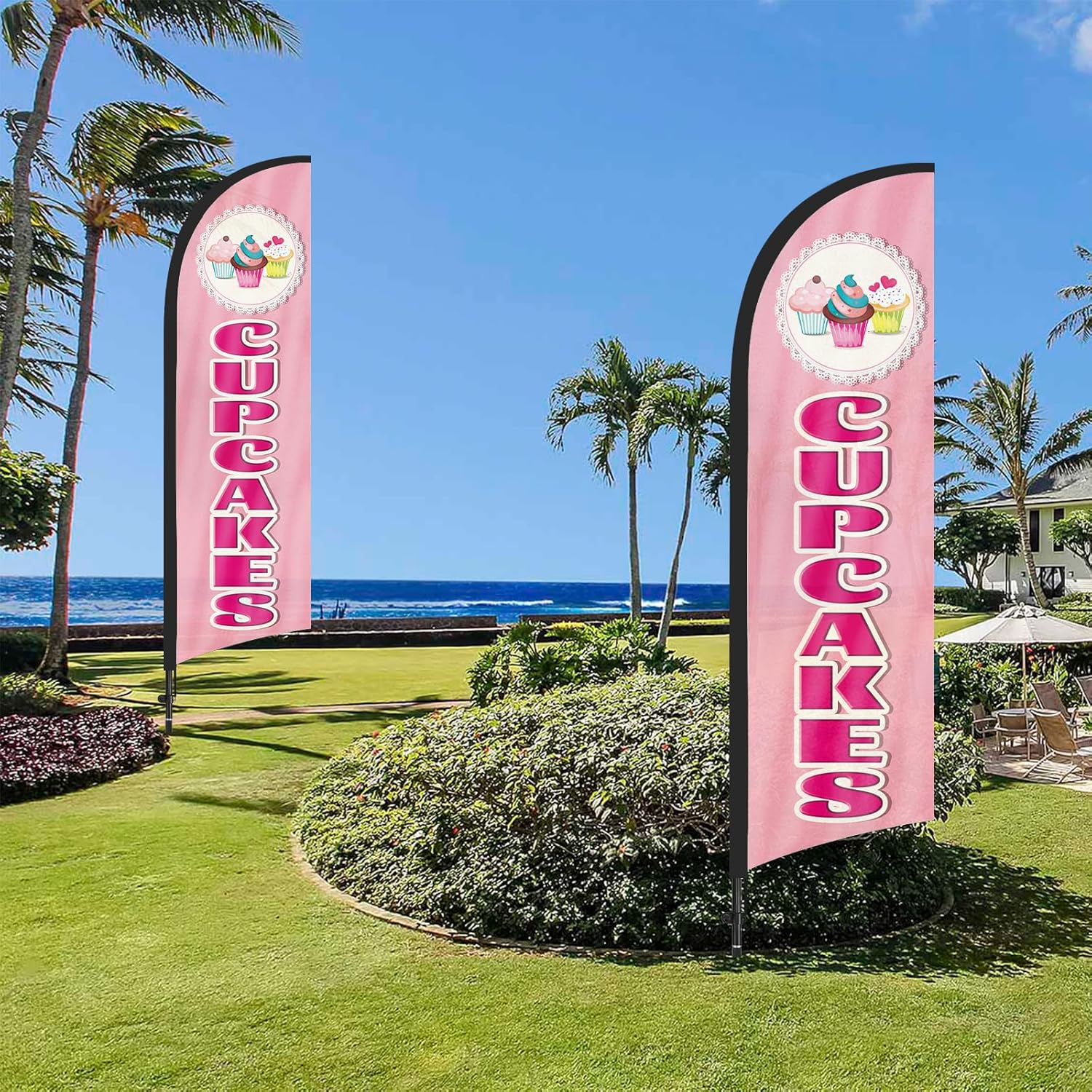 Cupcakes Advertising Feather Flag Banner, 8.2ft x 1.8ft Pink Feather Flag with Flag Pole and Ground Stake, Outdoor Advertising Sign for Cupcakes Business