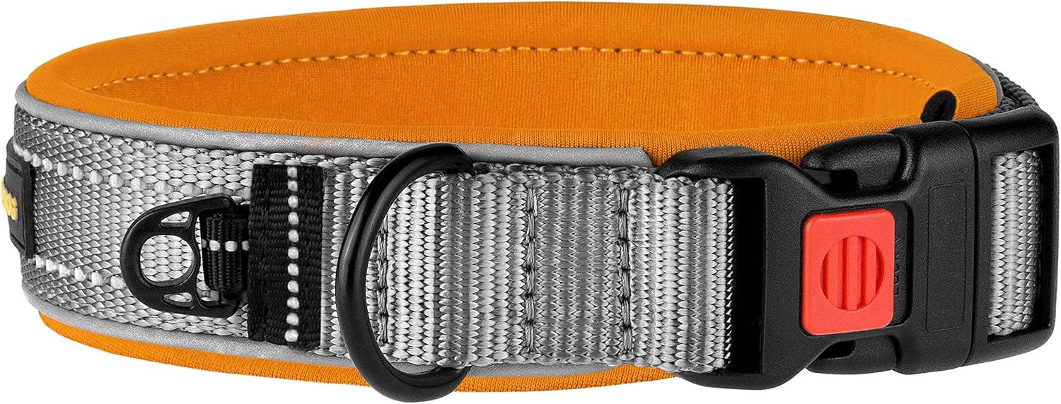 BRONZEDOG Reflective Dog Collar Nylon Soft Padded Pet Collars for Medium Large Dogs Mint Pink Blue Orange Purple (L, Orange)