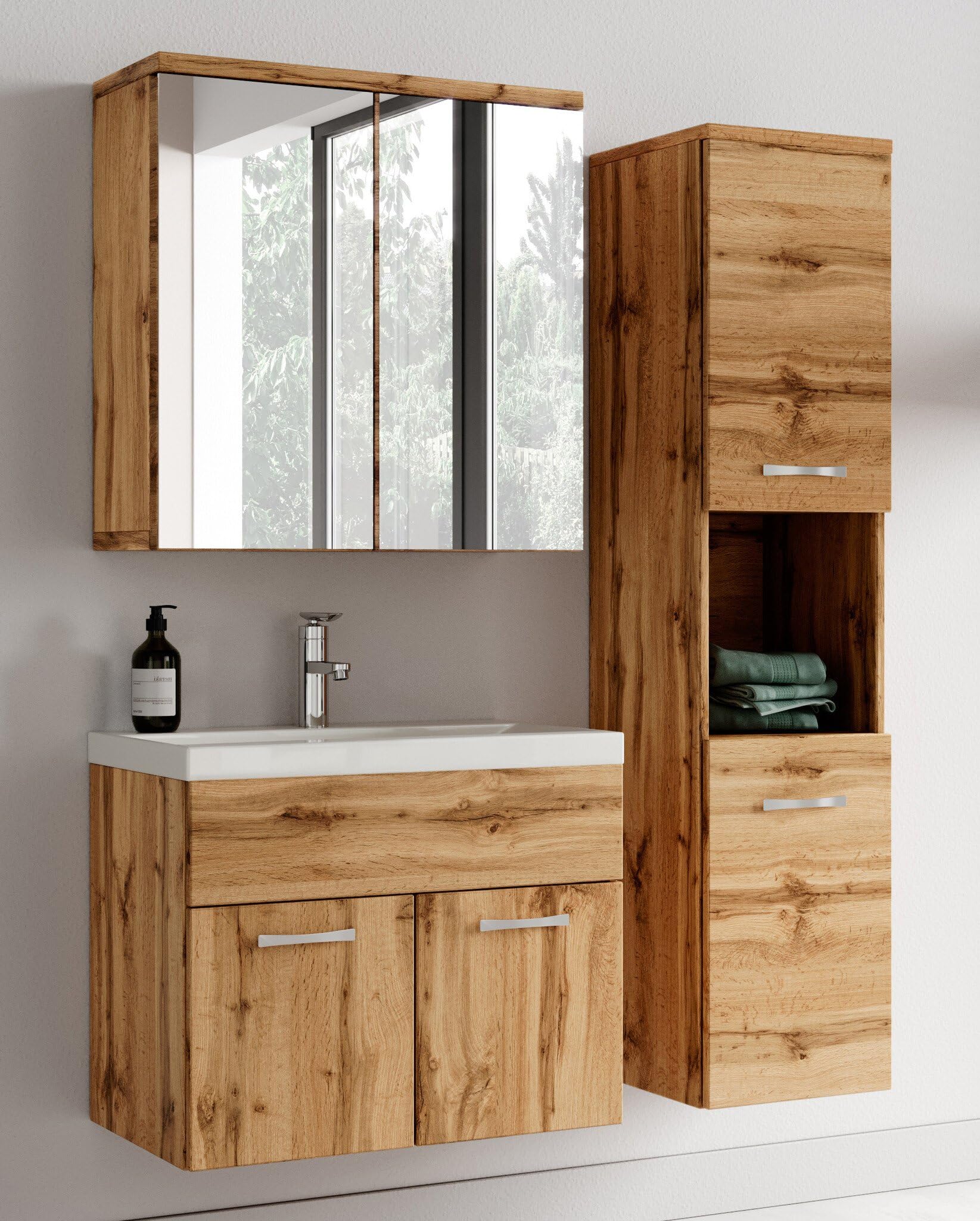 Badplaats Badmöbel Komplettset Montreal 60 x 35 cm Eiche - Badezimmermöbel mit Waschbecken und Spiegelschrank