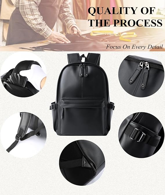 Leather PU Backpack for Men & Deman Vintage Water-Repellent Uni Work Travel Daypack School Backpack with Laptop Compartment Black, Black-o, L, Rucksack Backpacks