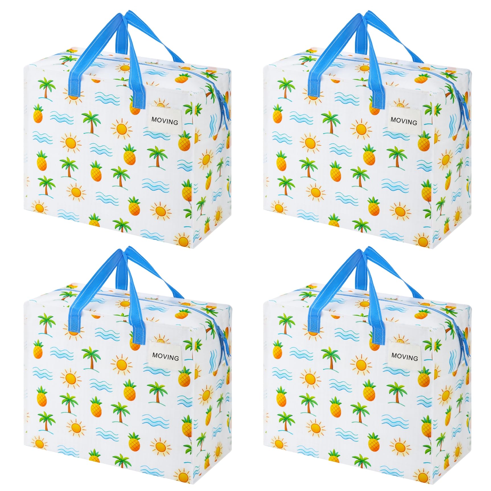 VENO 4 Pack Heavy Duty Moving Bags, Storage Totes with Top Zipper, Tropical Island, for Camping, Clothes, Bedding, Comforters, Pillows
