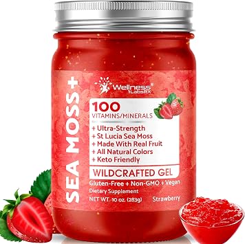Sea Moss Gel - Wildcrafted Seamoss Gel Superfood - Strawberry Flavor Irish Sea Moss Vitamin and Mineral-Rich from Pristine Caribbean Waters, Immune and Digestive Health Support - 10 oz.