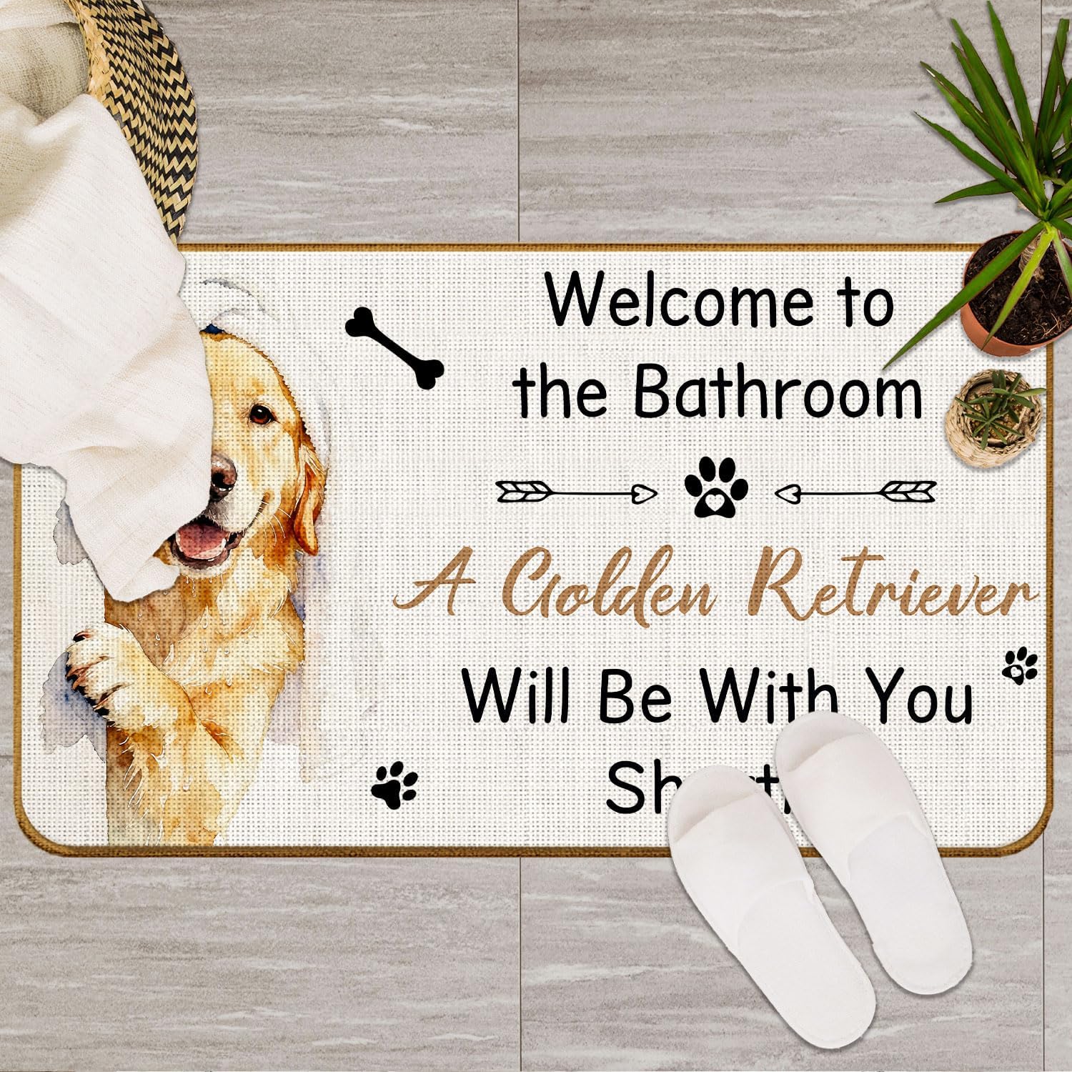Golden Retriever Bathroom Decor, Golden Retriever Dog Welcome Mats for Bathroom Washroom Restroom Toilet, Funny Dog Door Mat for Outdoor Indoor Porch Entryway, 17x30 Inches