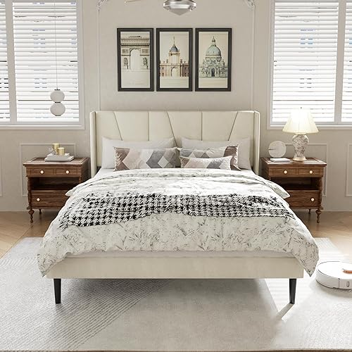 Miniatura 3 de Base de cama tamaño Queen con cabecero, base de cama tapizada de terciopelo, base de colchón contemporánea, sin ruido, no necesita somier, fácil