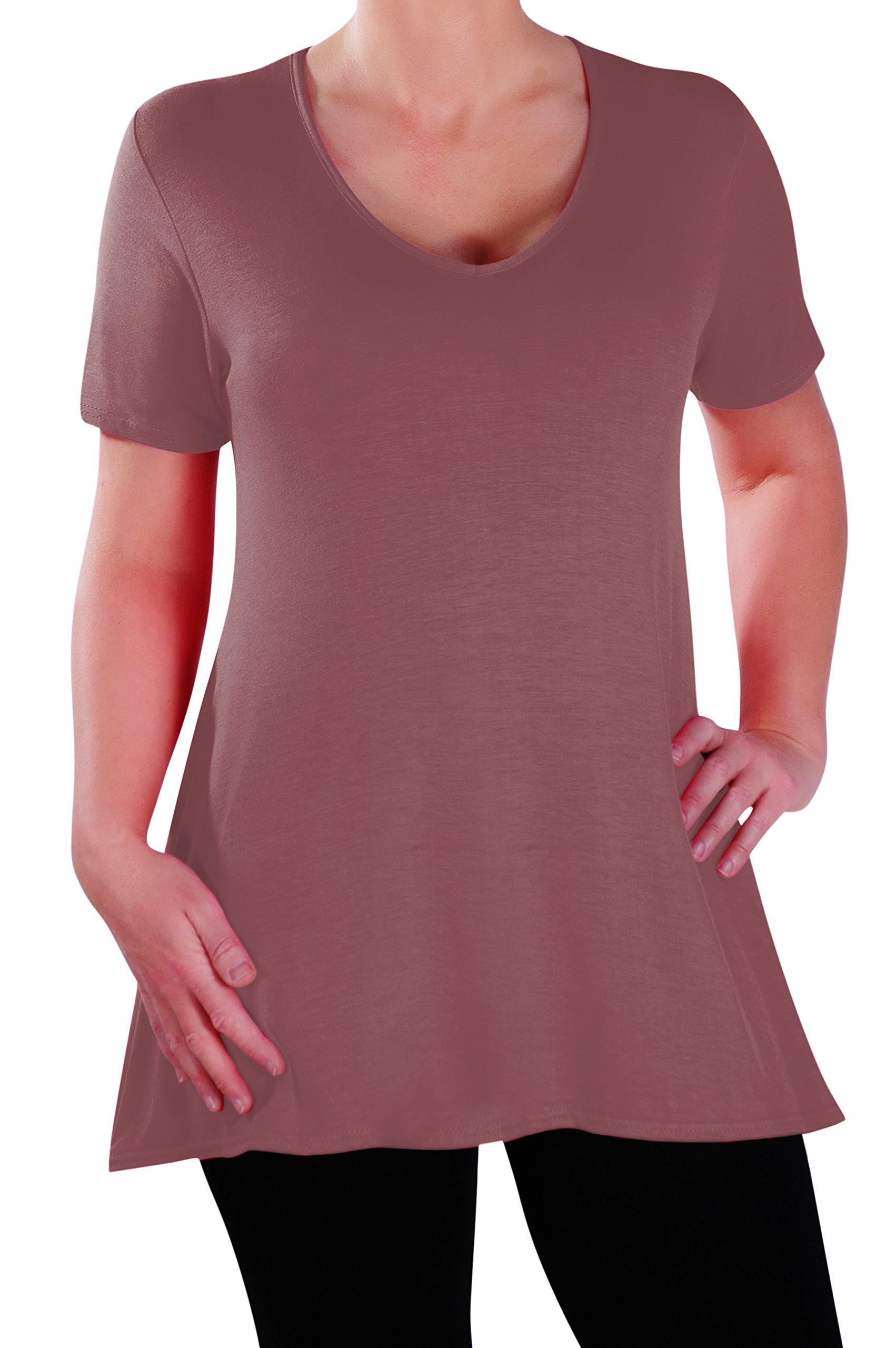 Eye Catch Women's Mocha - Delphine V Neck Plus Size Top Short Sleeve Casual Long Flared T Shirt Tunic Tops Size 18