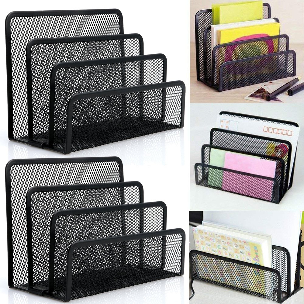 TRADERPLUS2-Pack Black Mesh Mail Letter Sorter Bills & Documents Organizer File Paper Holder with 3 Storage Slots