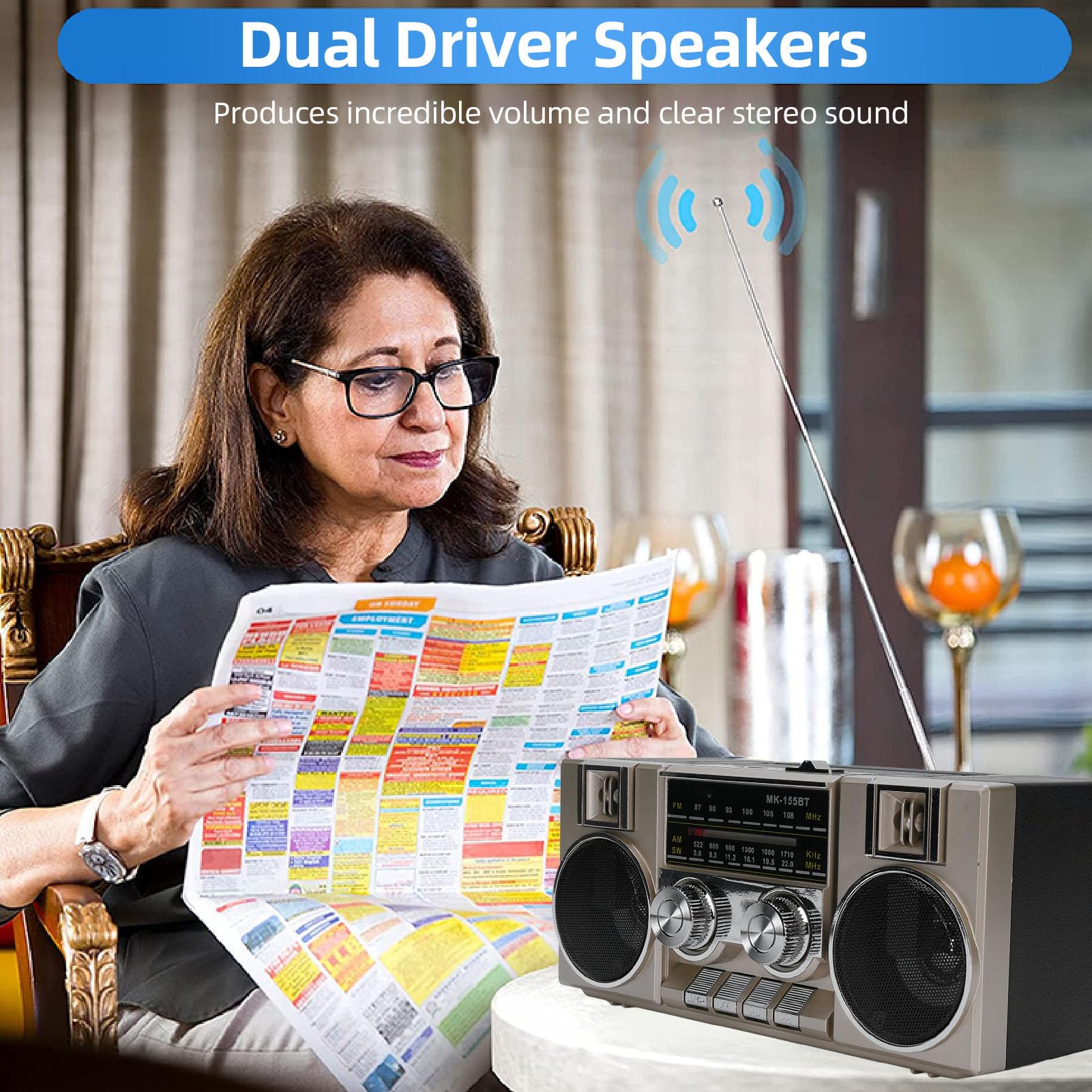 Radios Portable AM FM, Full Band Portable Radio with RGB Bluetooth Speaker, Clear Sound Quality for Garden, Park, Bathroom, Easy Portability (Gold)