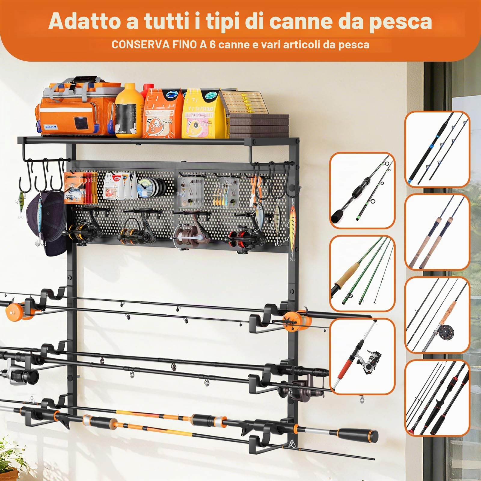 Bikoney Portacanne da Pesca Parete per Garage, Supporto Orizzontale per 6 Canne con Pannello Forato e Ganci, Rastrelliera Porta Canne Salvaspazio, Regalo per Pescatori Uomo Papà