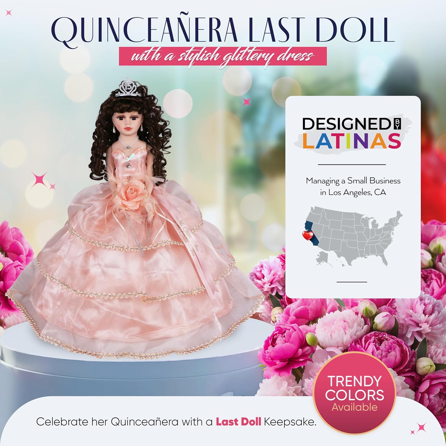 18” Quinceañera Last Doll with Umbrella Dress Stand – Última Muñeca Mis Quince Años Keepsake, Traditional Hispanic Mis 15 Doll, Ceremony & Table Centerpiece, Full Accessory KB18724-3B (Pink)