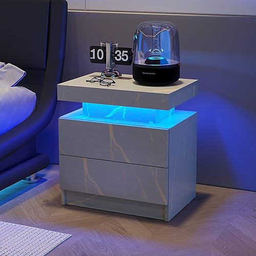 Miniatura 33 de Mesitas de noche LED, mesa auxiliar moderna con 2 cajones, muebles de dormitorio LED para dormitorio y sala de estar, gris 2-Gris,Gris,Negro,negro,
