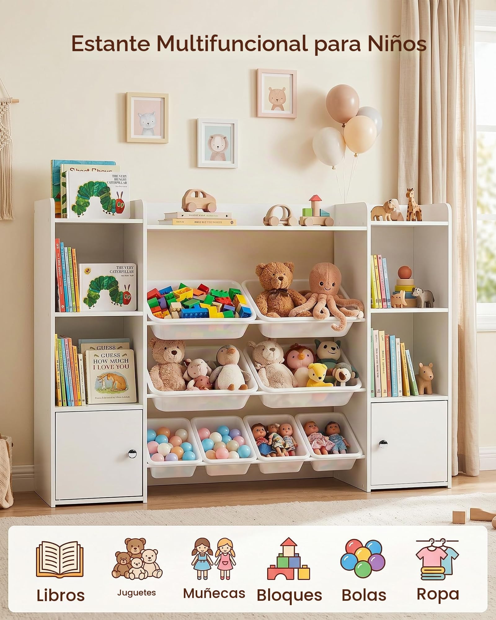 Libreria Infantil, Estanteria Infantil con Organizador de Juguetes, Libreria Montessori Infantil con 8 Cajas Extraíbles y 2 Puertas, para Habitacion Infantil y Cuarto de Juegos, Blanco