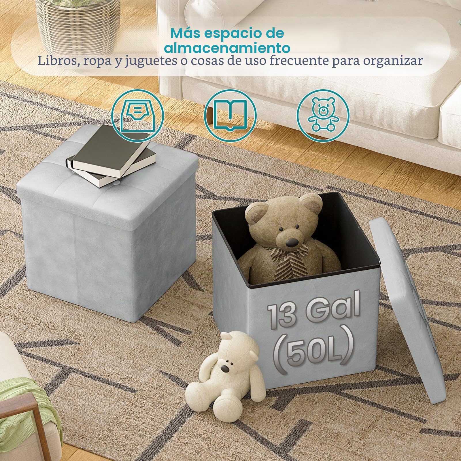 Oak & Tea Folding Storage Ottoman Seat, Folding Stool with Storage, Shoe Changing Stool, Storage Boxes with Lid, for Bedroom Living Room, Light Grey,38x38x38cm
