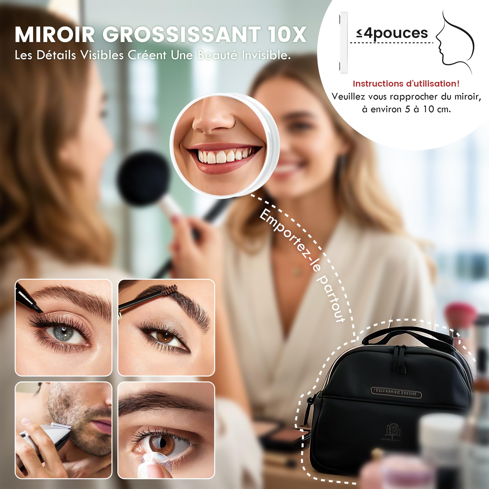 Sucedey Miroir de Maquillage avec Lumières LED, 46 x 36 cm – Miroir Hollywood 3 Modes de Couleur & Luminosité Réglable, Miroir Détachable 10x Zoom, Rotation 360° (Blanc)