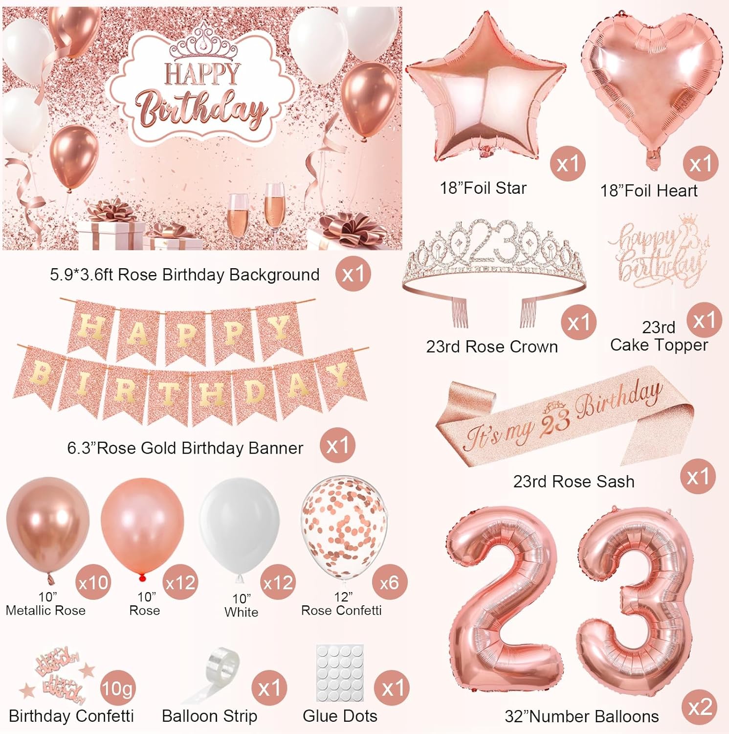 23rd Birthday Decorations for Women, 52pcs Sweet Rose Gold Happy 23 Birthday Decorations Including 23rd Rose Gold Crown, Sash, Banner, Background for 23 Party Decorations Set - Image 2