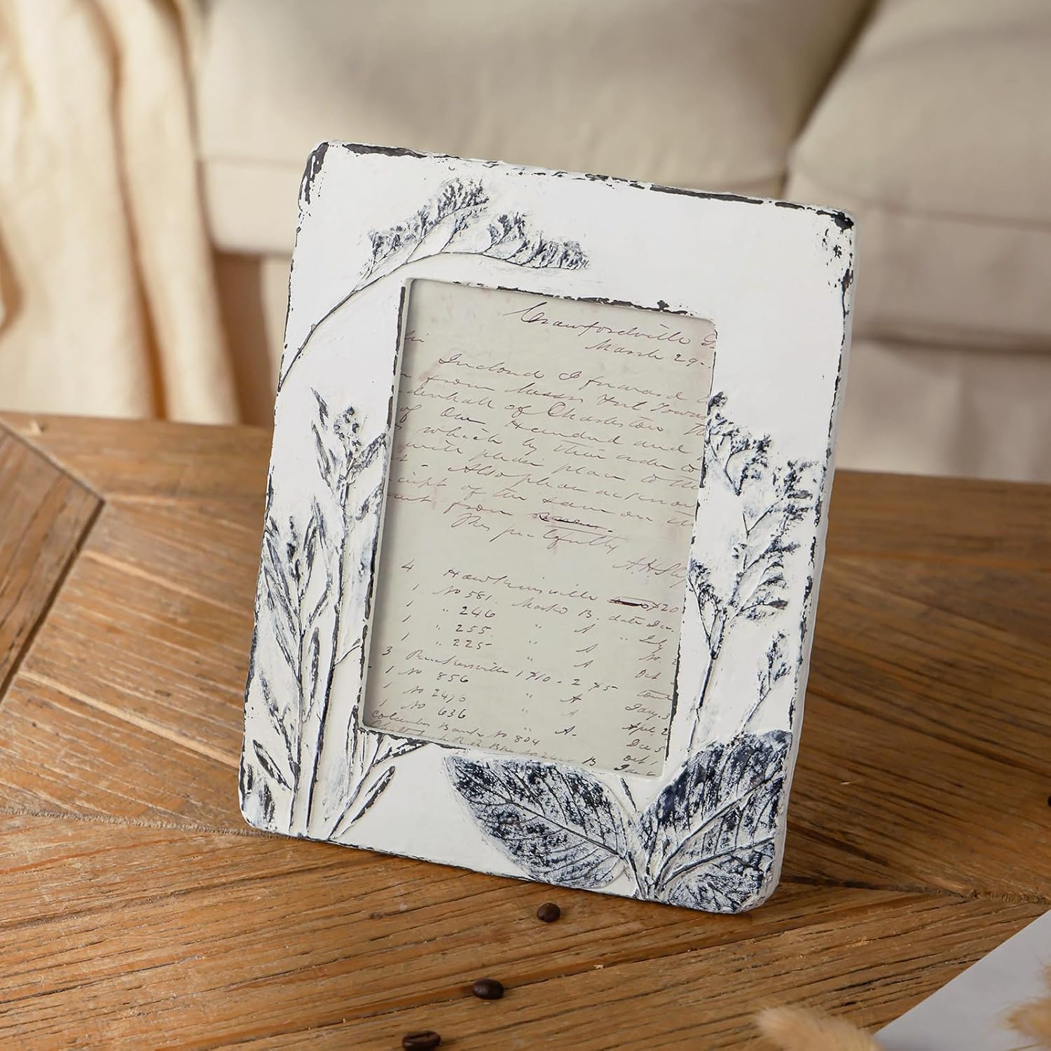 NIKKY HOME Farmhouse 5x7 Picture Frame Boho Photo Frame with 3D Botanical Plant Textured and Rustic Whitewashed Finish, Hand-Crafted Resin Picture Frames with HD Glass for Tabletop Display
