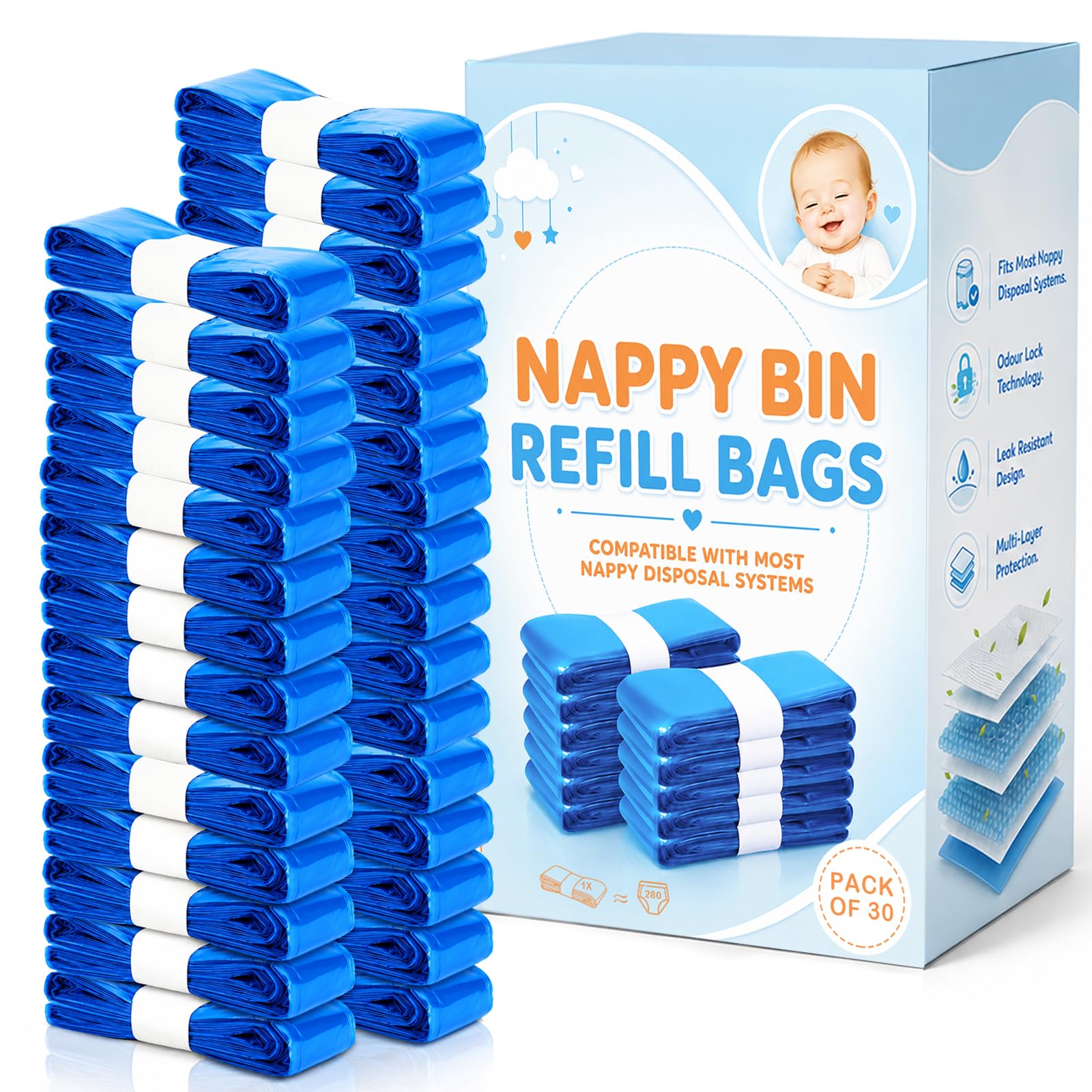 PARPAT Confezione da 30 sacchetti per pattumiera per pannolini da 4,5 m, pellicola di ricambio, protezione contro gli odori, compatibili con la maggior parte dei contenitori per pannolini e Litter