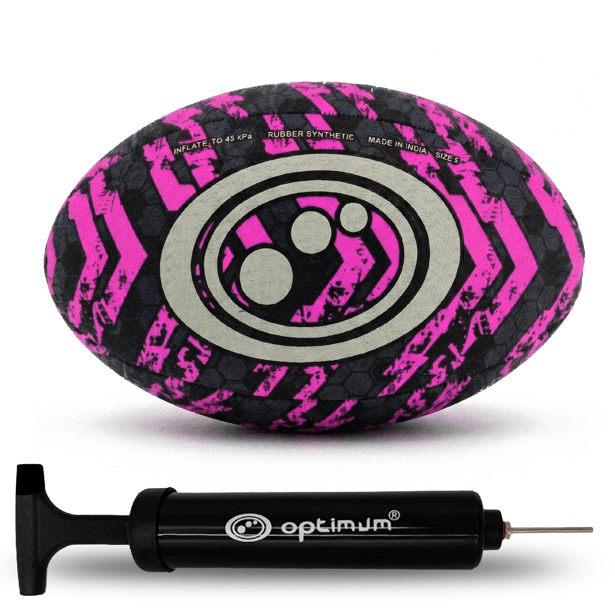 Optimum Street Rugby Ball & Ball Pump, Training Ball for Concrete & Park Sessions, Highly Visible for Night Games with Enhanced Grip Texture, Suitable for All Ages & Skill Levels - Pink, Size 4