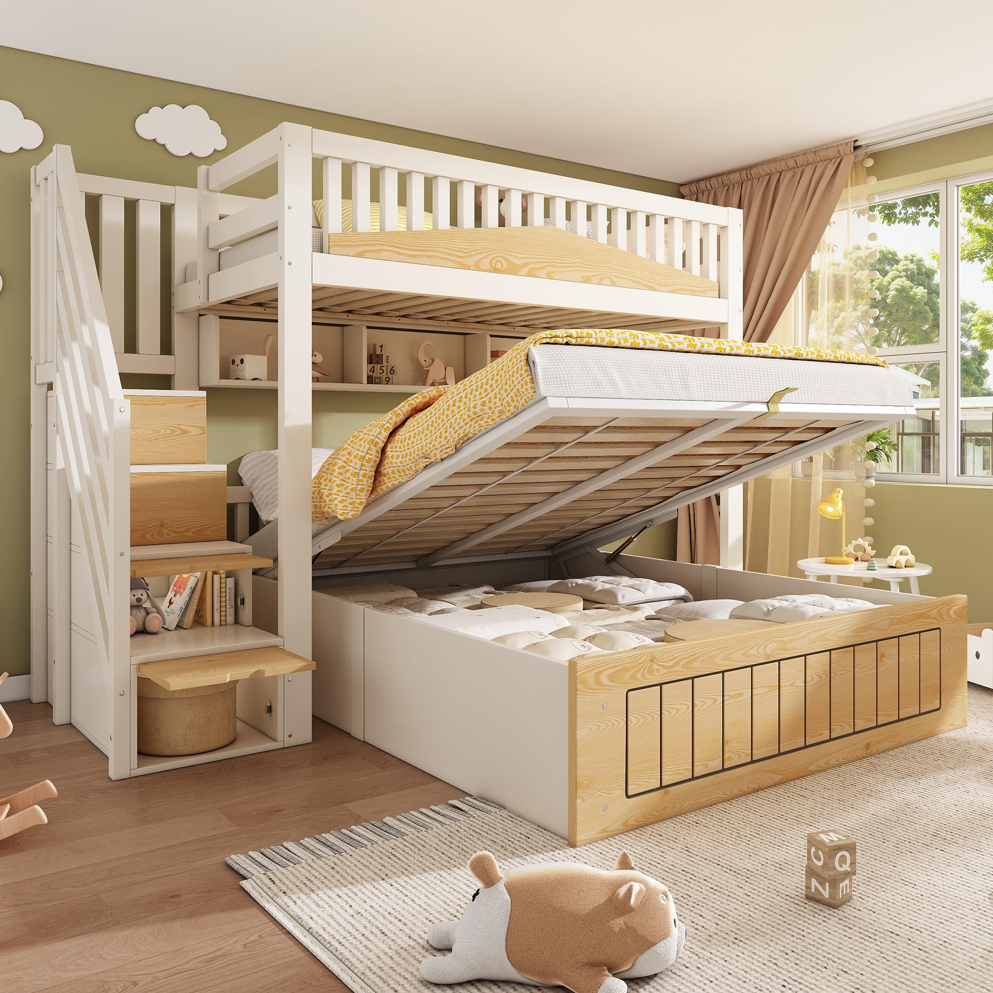 Merax Kinder Holz Etagenbett 90x200 & 140x200 cm mit Treppenschrank, hydraulischem Stauraum & USB-C Ladestation, Familienbett Hochbett mit Sicherheitsgeländer, Weiß Natur