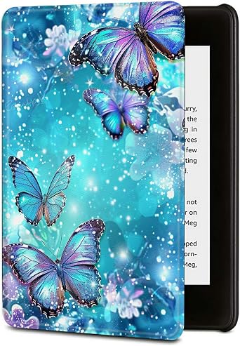 Case for 7" All-New Kindle Paperwhite 12th Generation, 2024 Released PU Leather Cover with Auto Sleep Wake for Kindle Colorsoft Signature Edition, Flash Blue Butterfly