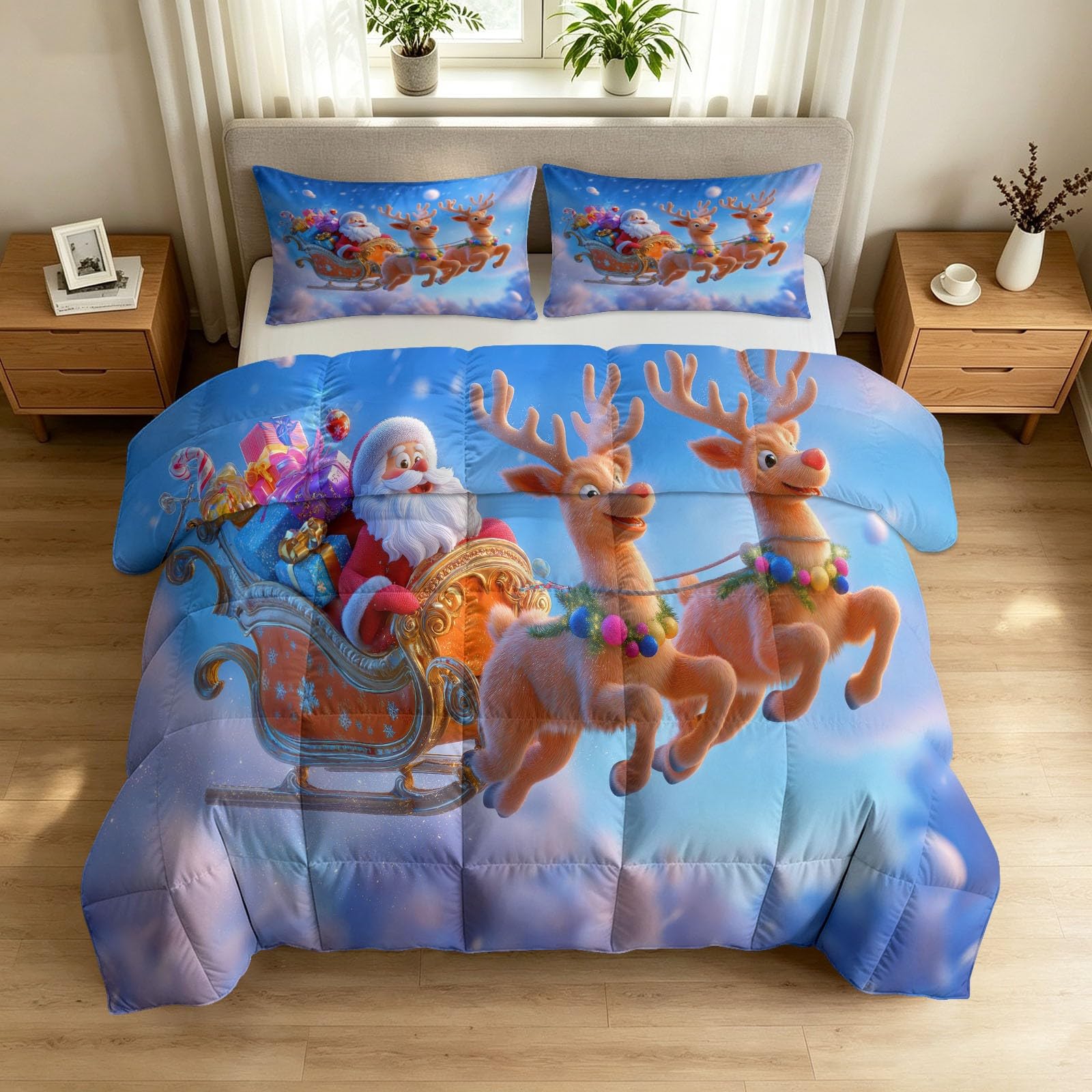 Piumino per tutte le stagioni, 135 x 200 cm, 4 stagioni, Babbo Natale, renna, cielo blu, caldo, delicato sulla pelle, per tutto l'anno, 135 x 200 cm, motivo cartone animato 3D, senza rivestimento