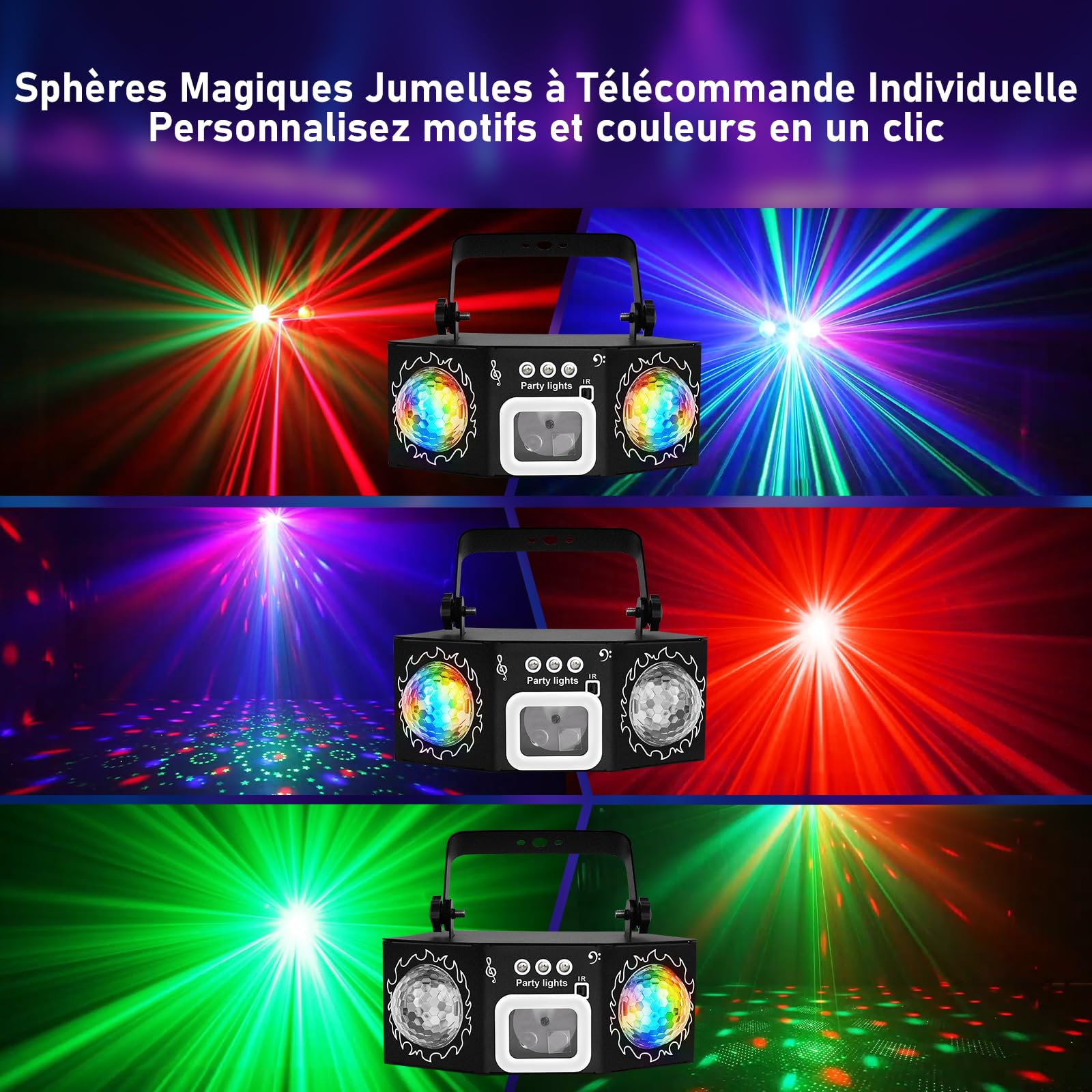 Jeu de Lumière Disco avec 2 Boules Disco Lumière DJ RGB Activée par Musique, Lampe de Scène pour Fête, Soirée DJ, Noël et Halloween