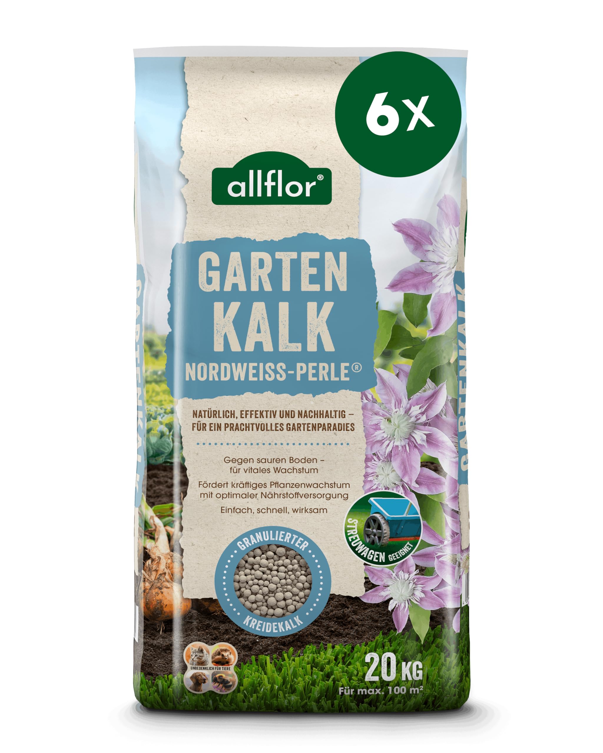 Allflor Nordweissperle Gartenkalk 6 x 20 Kg I Kalk für Gärten im 20kg Beutel I Sofort wirksamer und hochlöslicher Garten- sowie Rasenkalk I Neutralisiert schädliche Säuren