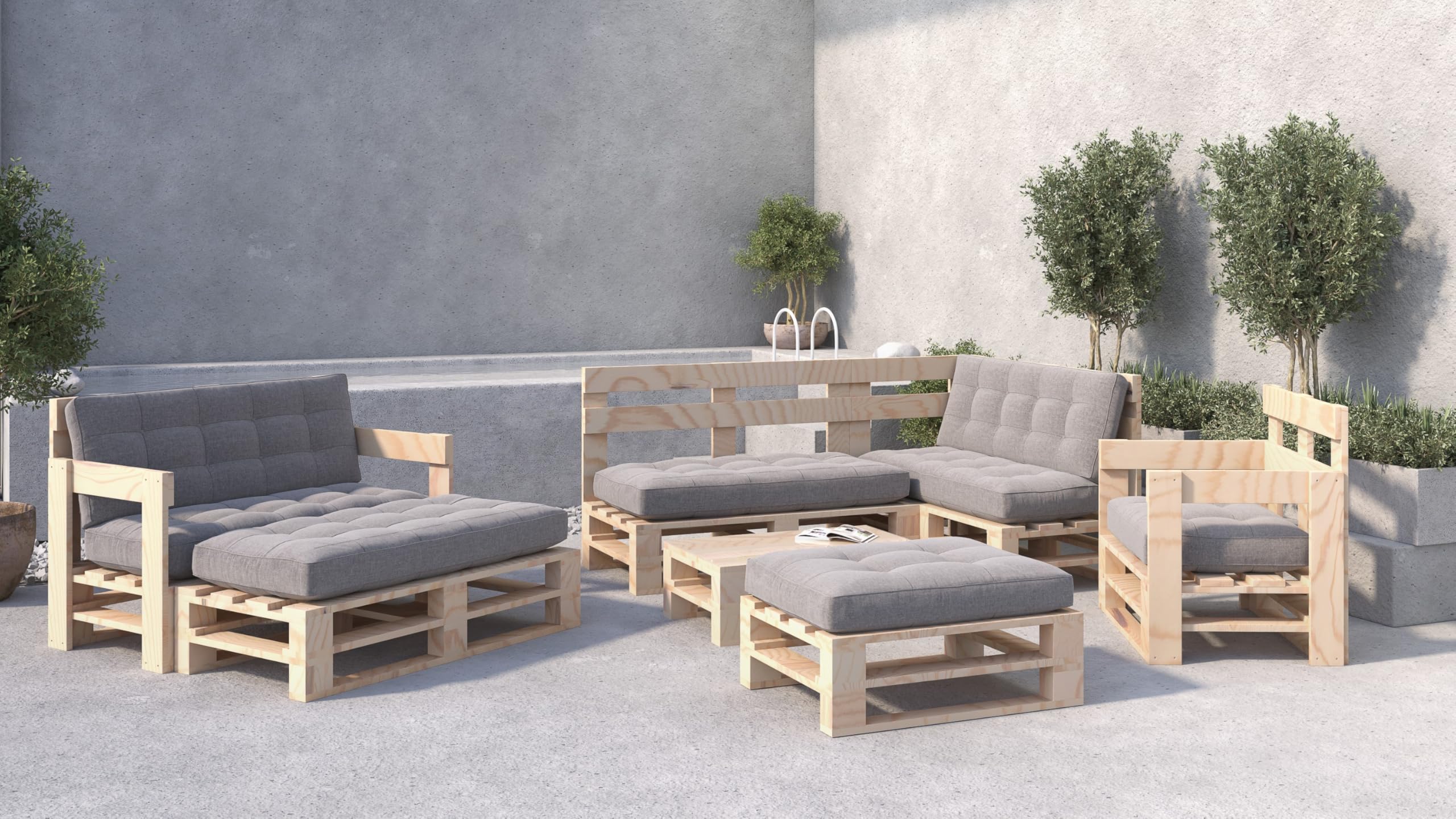 Palettenmöbel Mpe Sofa 100 x 60 cm Natur | Europaletten Indoor und Outdoor Lounge Gartenmöbel Holz Gartenmöbel Set Lounge Möbel Terrasse Balkon Loft Stil Paletten