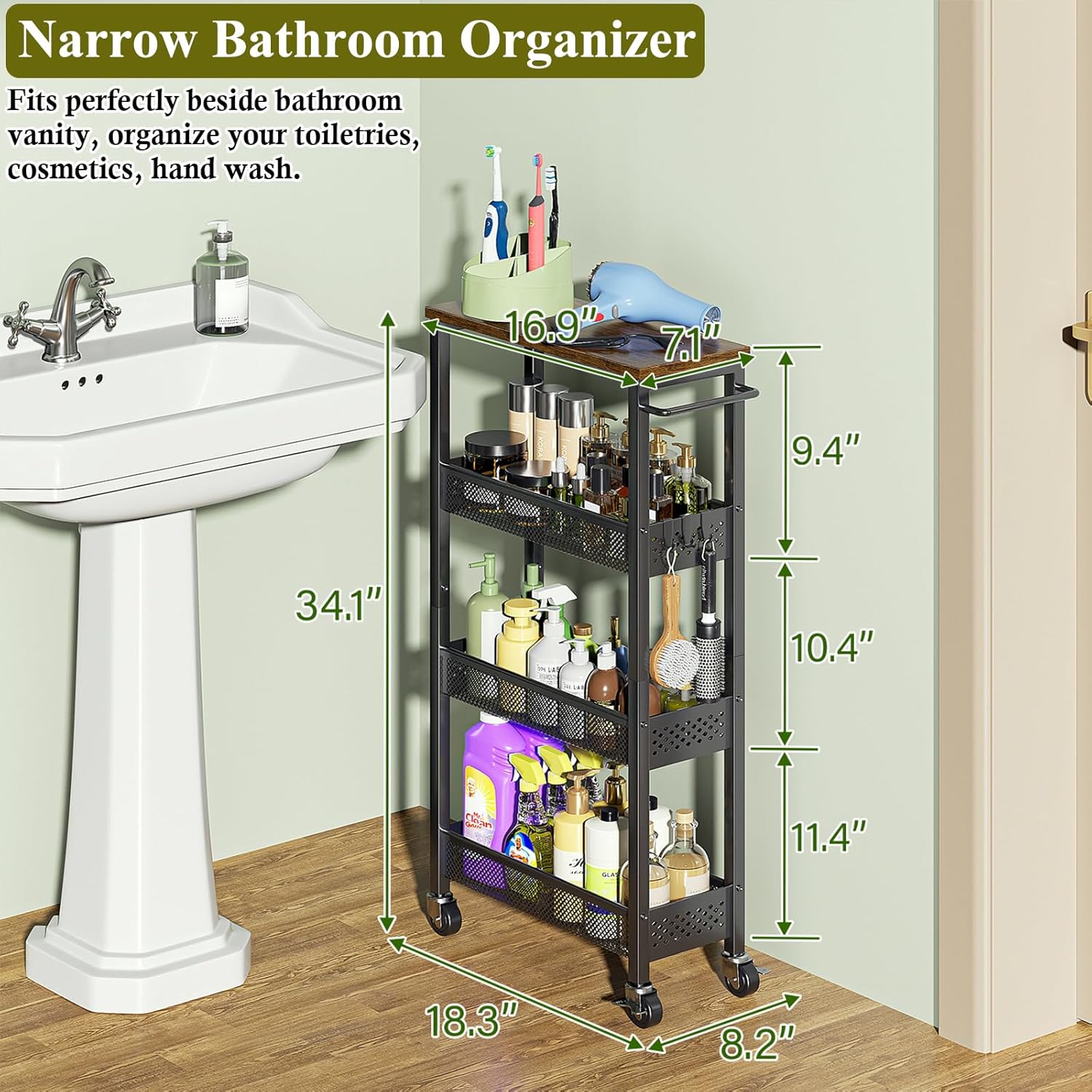 Utility Slim Storage Cart, 4 Tier Small Rolling Kitchen Laundry Room Cart with Wood Top, Metal Narrow Bathroom Storage Cabinet Mobile Shelf Unit Organizer Trolley with Handle for Narrow Space - Image 2