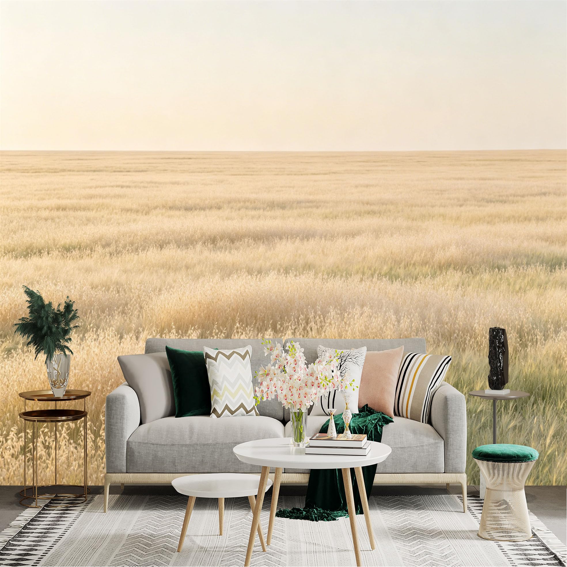Lnzczhyre Dbh260521738 Custom Size Wall Sticker Mural， Golden Wheat Field， Vast Prairie Landscape， Warm Sunlight Sunset， Nature Scenery， For Wall Decoration， Peelandstick Wall Decals.