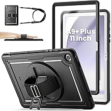 SEYMAC stock Case for Samsung Galaxy Tab A9 Plus (A9+ 11 Inch) 2023, Frosting-Anti-Slip Shockproof Case with Screen Protector [360° Rotating Stand/Hand Strap] & Shoulder Strap, Black