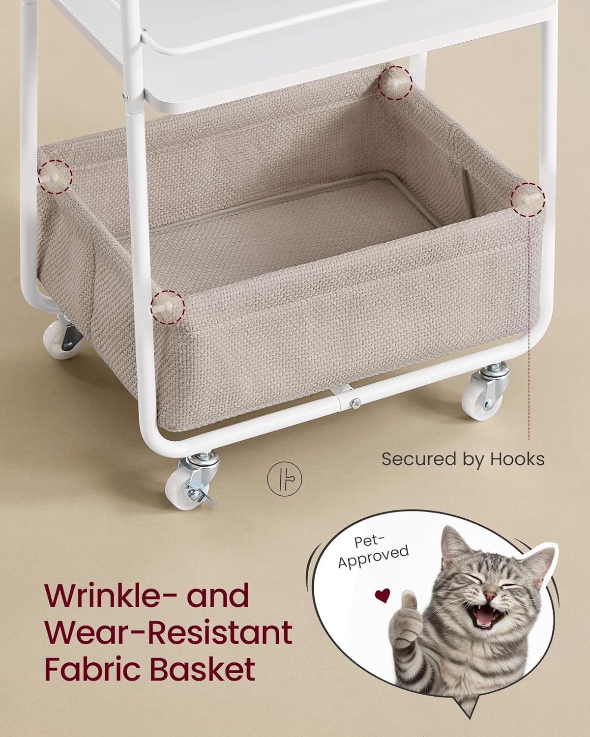 VASAGLE LILEA Collection - Storage Cart with Fabric Basket, 3-Tier Rolling Utility Cart with Wheels and Shelves, for Living Room Bedroom Kitchen, Cloud White and Camel Brown ULRC001WB01