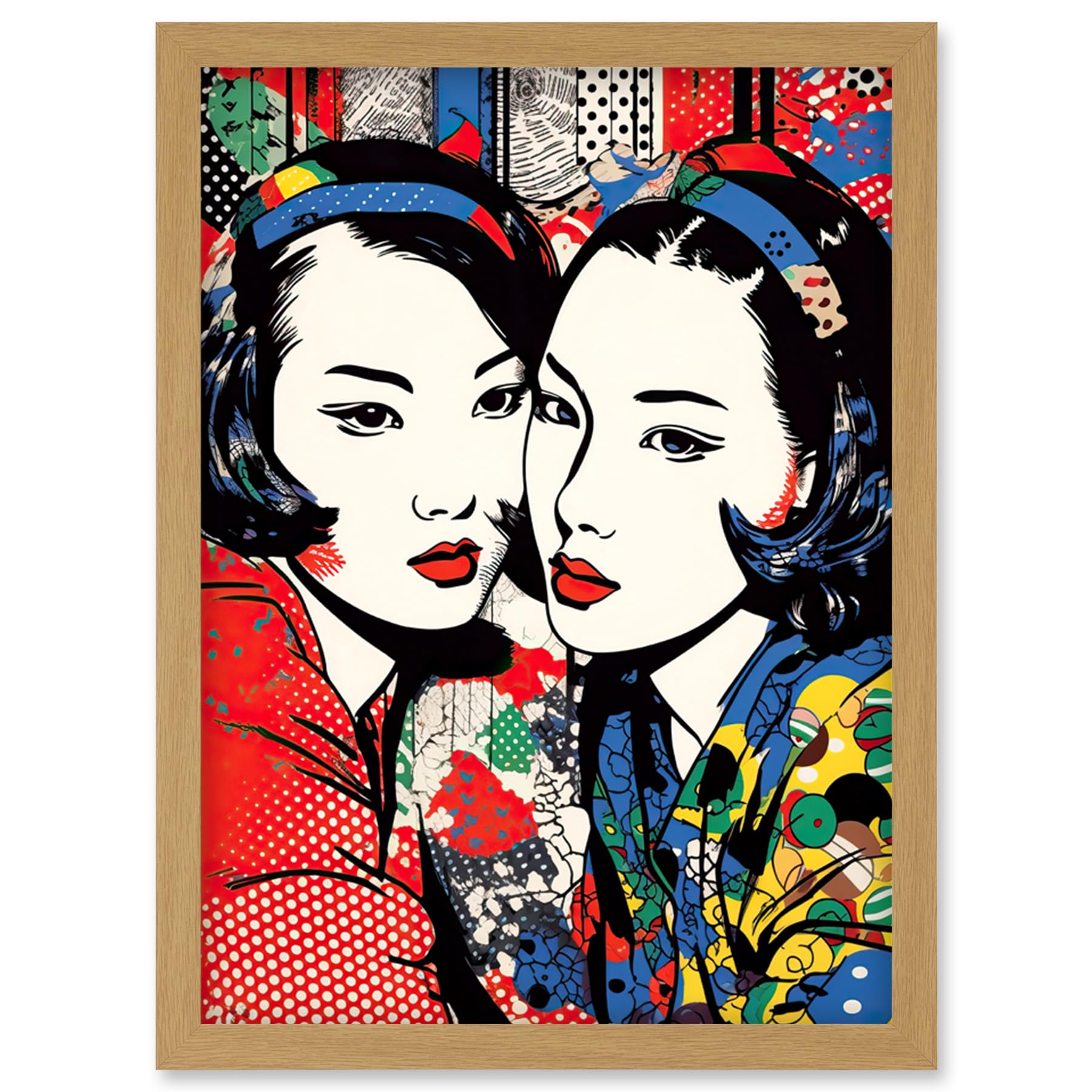Artery8 Gay Japan Women Linocut Vibrant Geometric Patterns LGBTQ Pan Portrait Halftone Artwork Framed Wall Art Print A4