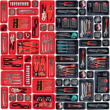 90 Pack Tool Box Organizer Tool Tray Dividers, Toolbox Drawer Organizers Storage Trays for Rolling Tool Chest, Work Bench Cabinet Bins, Parts Screw Nut Bolt Small Tools Organization - Grey & Red