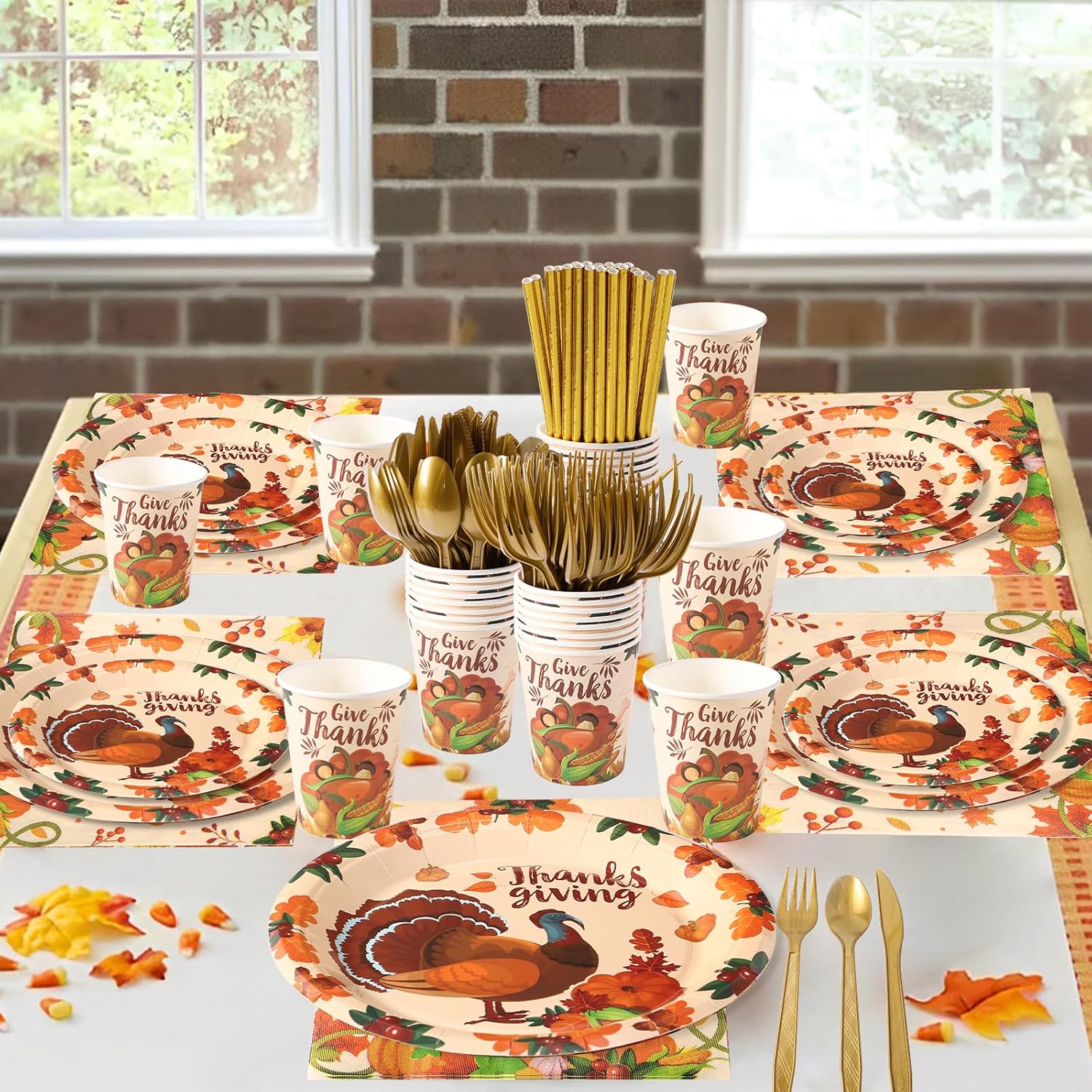 192 PCS Thanksgiving Party Supplies Disposable Plates, 24 Paper Plates,Cups,Straws,Napkins,Knives,Forks and Spoons Dinnerware Sets for 24 Guests with Safe Food Oil Printed Turkey Design