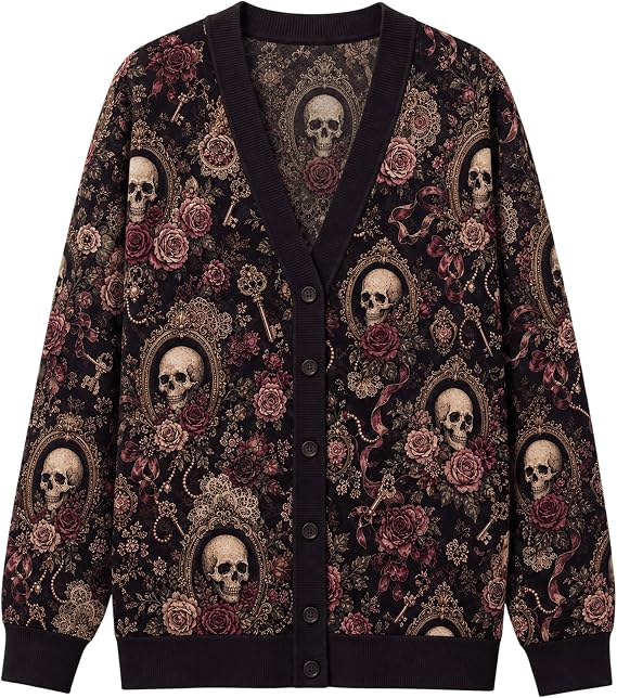 ThuhaTree Store Gothic Skull Rose Cardigan Dark Floral Vintage Sweater