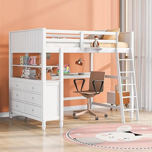 Miniatura 10 de Merax Cama tipo loft de madera de tamaño individual con escritorio/2 cajones/gabinete/4 estantes, cama loft multifuncional con escalera y