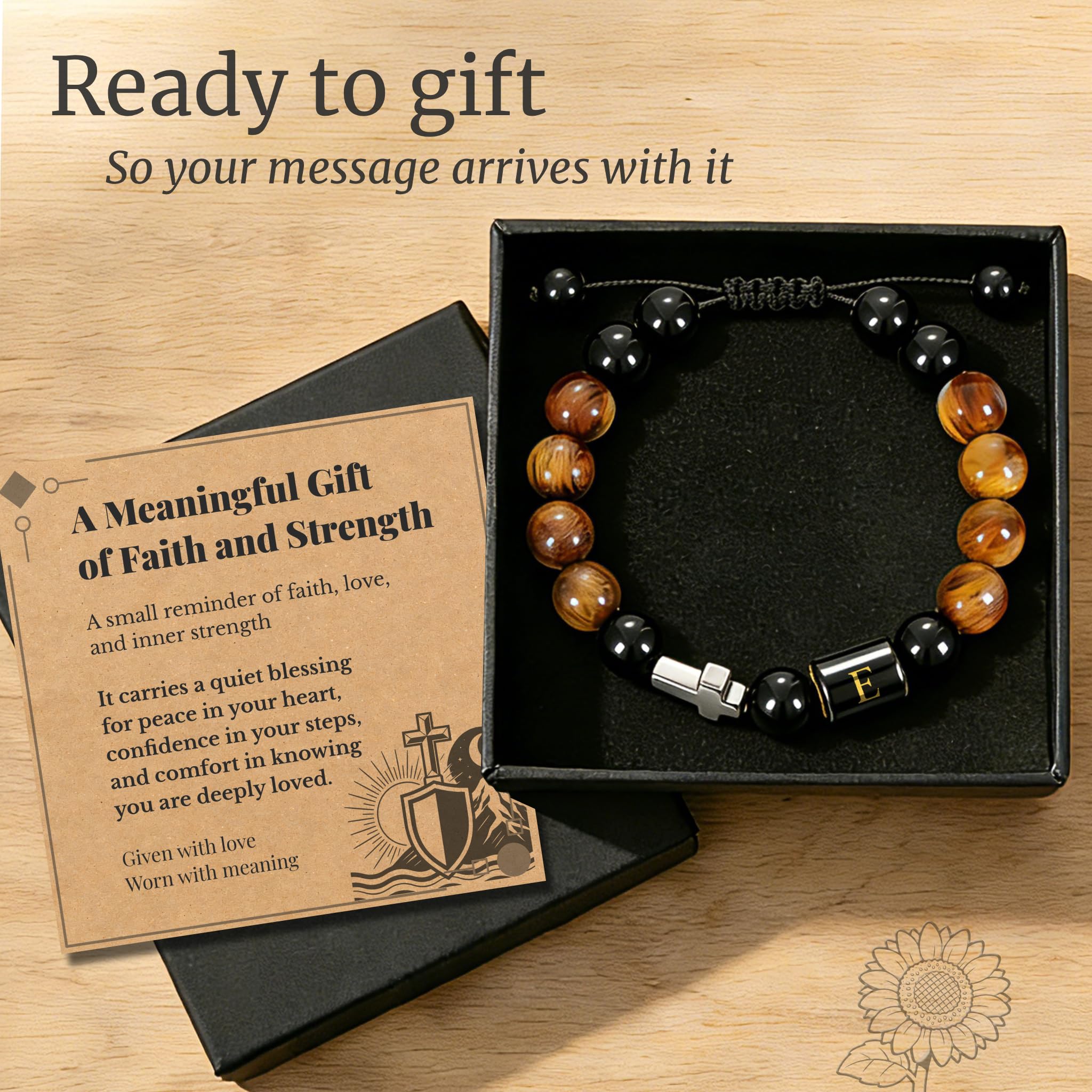 Initial Mens Bracelet with Cross - Religious Faith Beaded Bracelt Gift for Him Man Male Friend, Adjustable Tiger Eye Black Onyx Beads Braclet for Birthday Confirmation Sponsor Anniversary