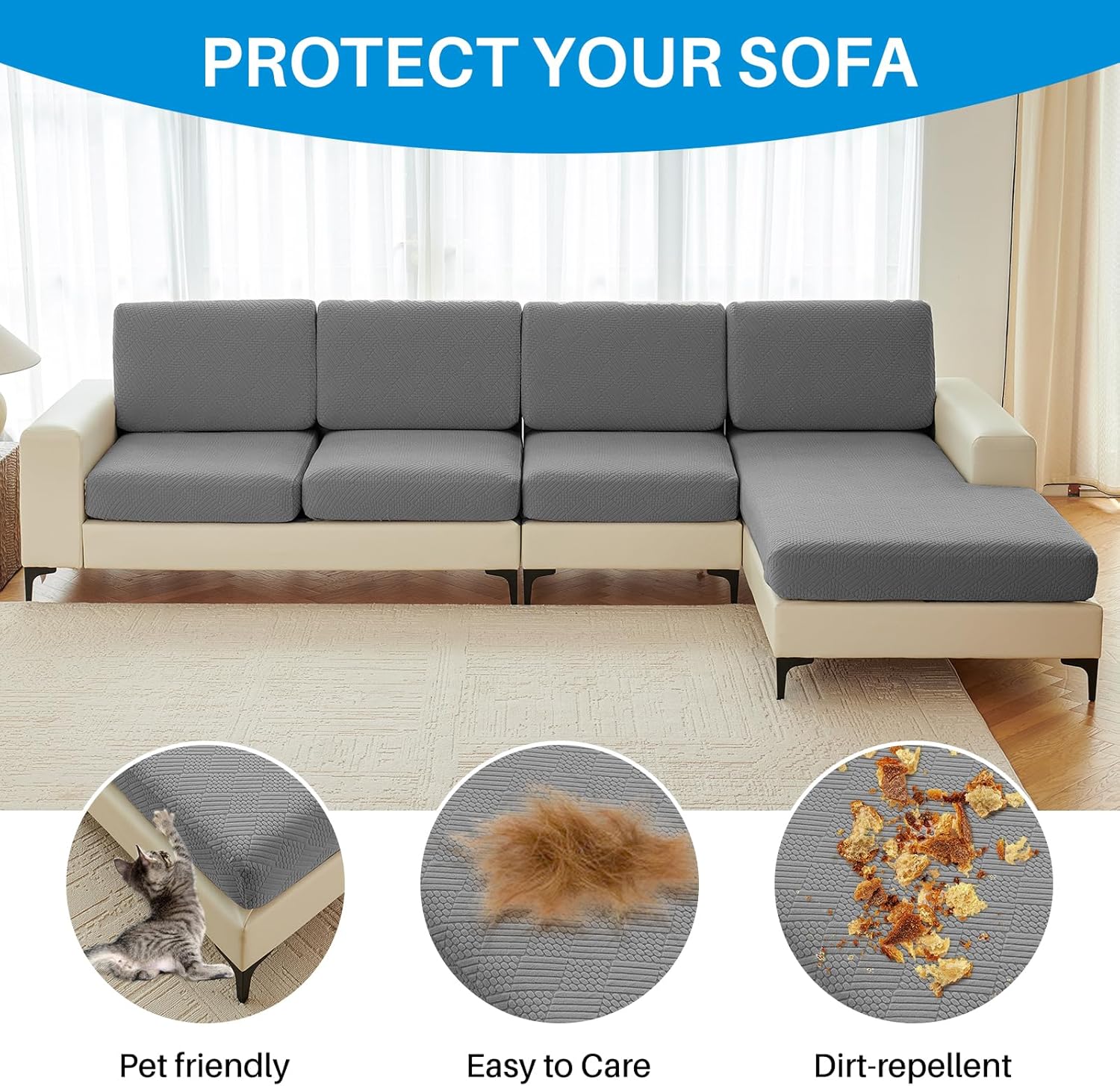 Deep Dream Sectional Couch Covers 6 Pieces, Stretch Couch Cushion Covers, L Shaped Washable Sofa Covers for Left/Right Sectional Sofa (3 Backrest Cover + 2 Seater + 1 Chaise, Dark Grey)