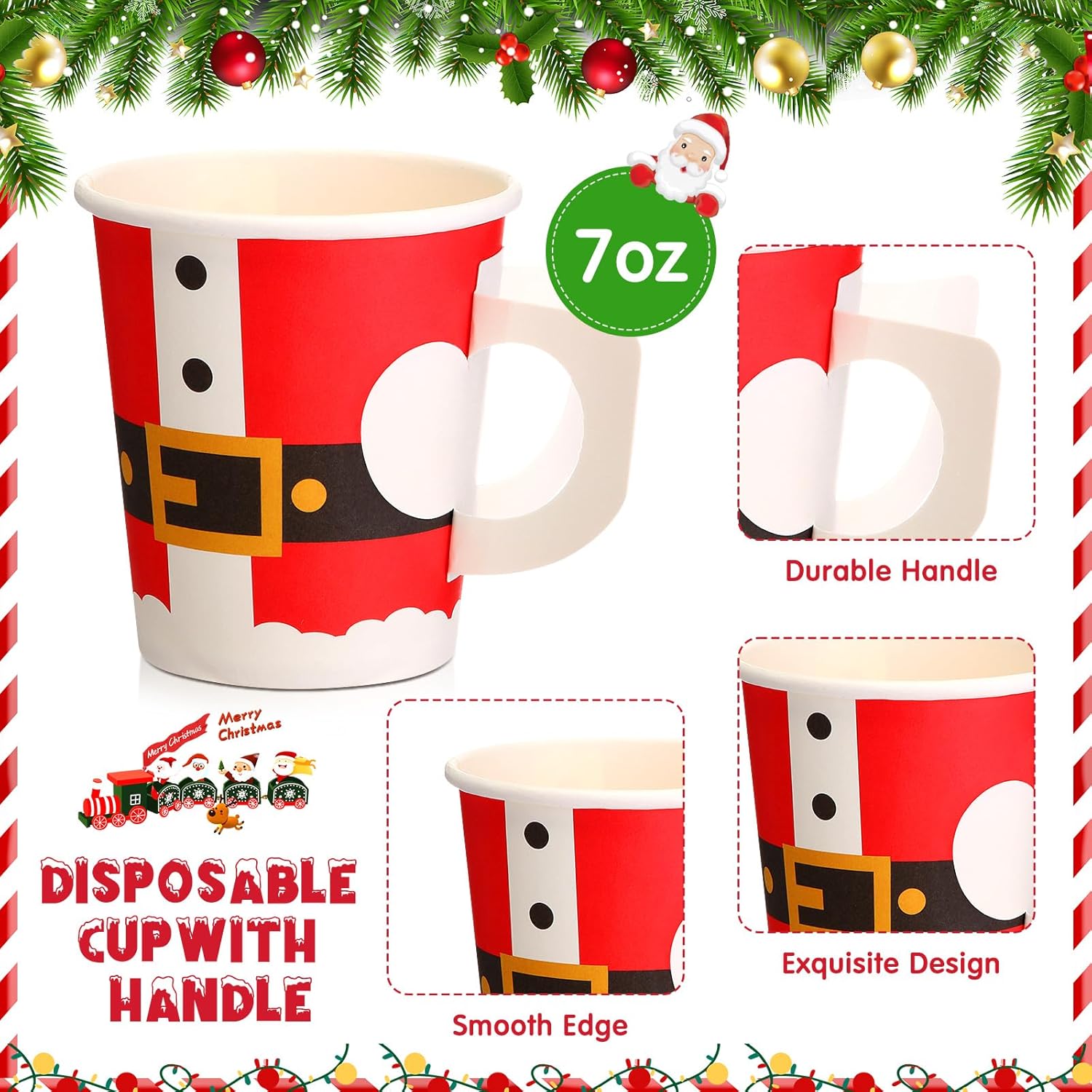 Maxcheck 150 Pcs Christmas Paper Cups 7oz Disposable Christmas with Handles Santa Snowman Elf Tea Coffee Cups Hot Chocolate Bar Accessories for Adults Holiday Xmas Party Supplies
