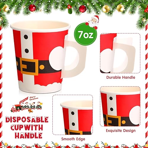 Miniatura 3 de 150 tazas de papel espresso de Navidad de 7 onzas, tazas de Navidad con asas, Papá Noel, elfo, muñeco de nieve, tazas de té desechables, tazas