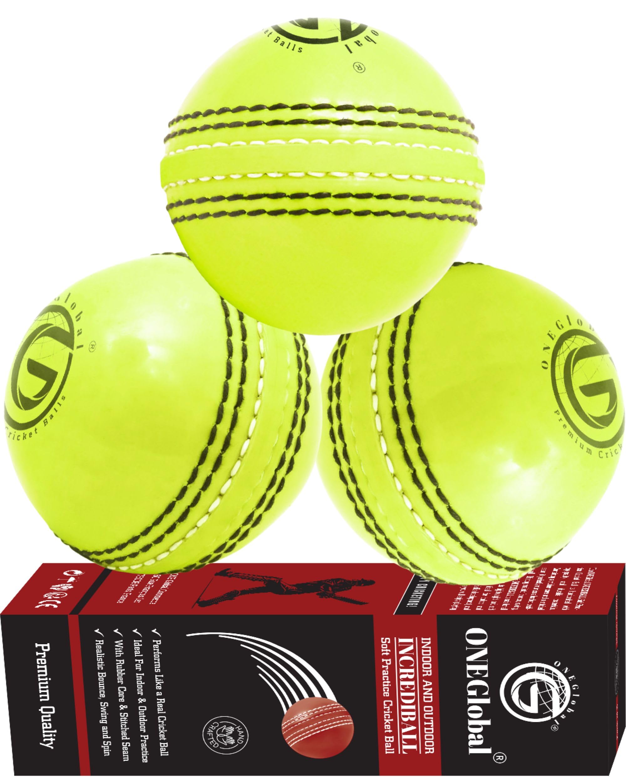 ONEGlobalSoft & Safe Indoor Outdoor Incrediball Cricket Ball | Rubber Cricket Ball With Soft Core & Stitched Seam | For Practice, Honing Skills & Family Fun | 7 Colours