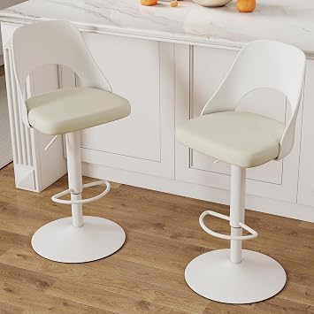Barstools Swivel Bar Stools for Kitchen Counter Adjustable Bentwood Barstools Modern Upholstered Bar Chairs with Back and Footrest for Bar,Kitchen,Dining Room 2PCS, White