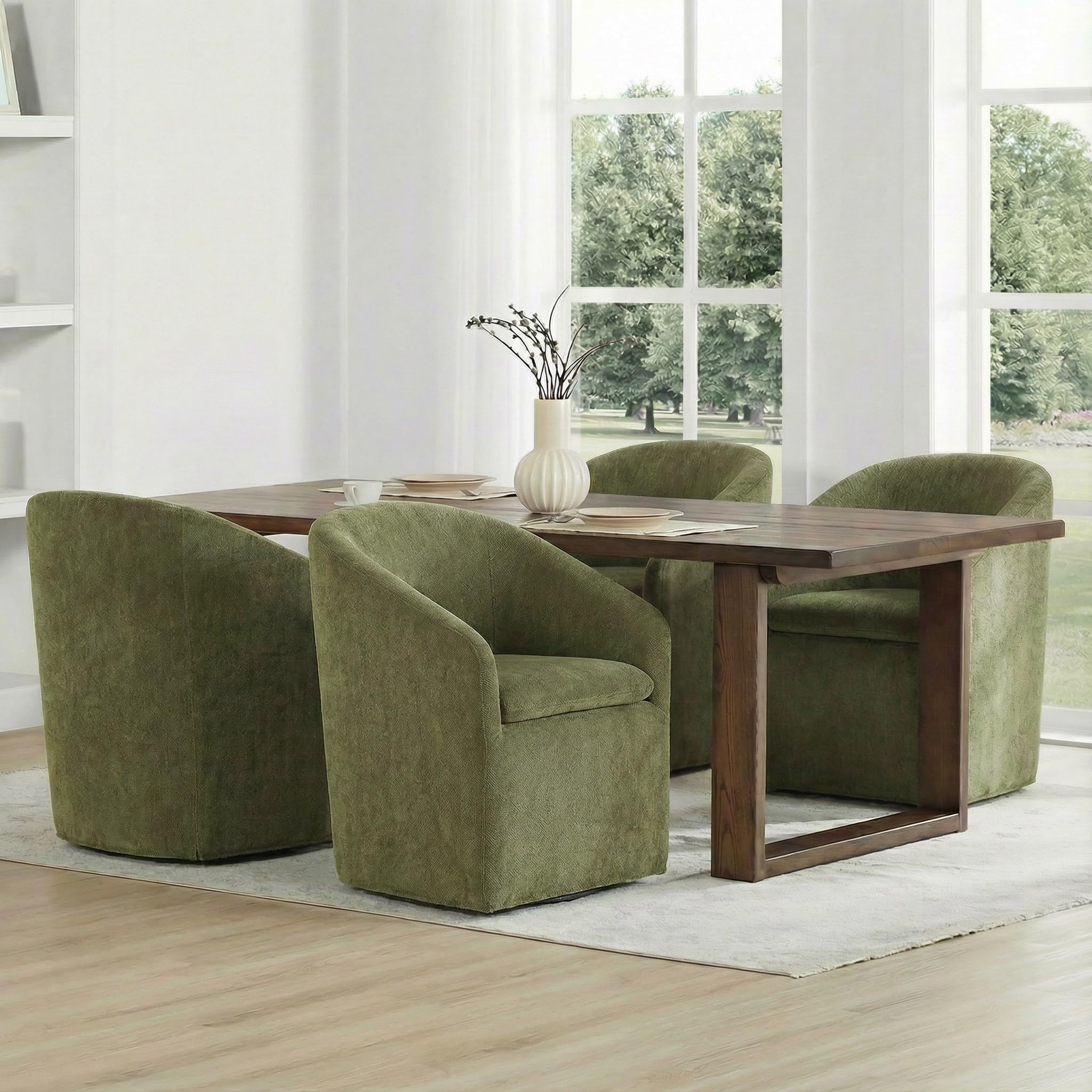 Upholstered Dining Chairs Set of 4 with Casters, Modern Side Barrel Armchair with Washable Slipcover &amp; Sturdy Metal Frame for Diningroom Bedroom Livingroom Reading Room, Green Fabric