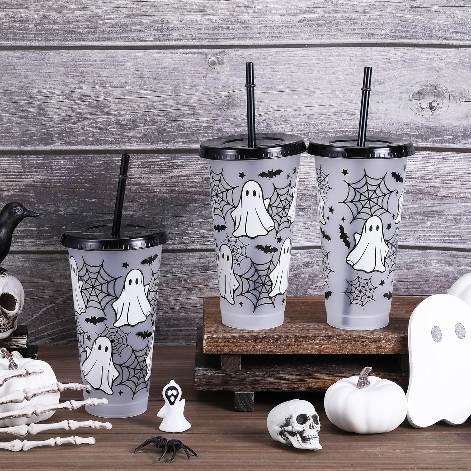12 Pcs Halloween Plastic Cups with Lids and Straws 24 oz Reusable Halloween Tumbler Ghost Drinking Coffee Cup for Women Home Office Decoration Birthday Party Favors - Image 2