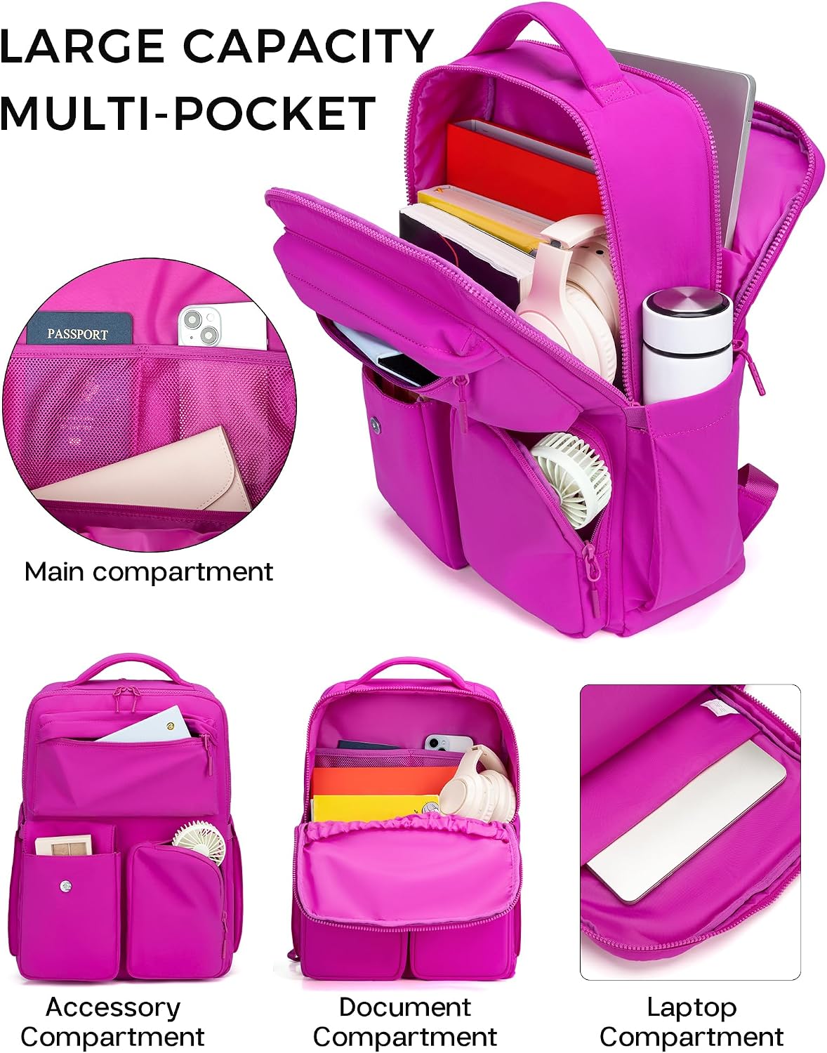 FODOKO Backpack for Work, Casual Backpack for Women Men Daypack Backpack for Travel College Bookbag Separate Compartment for 15.6 Inch Notebook Fuchsia